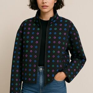 Carlisle Womens Jacket Sz 12 Black Multicolor Gourmet Hole Full Zip Modern Prep